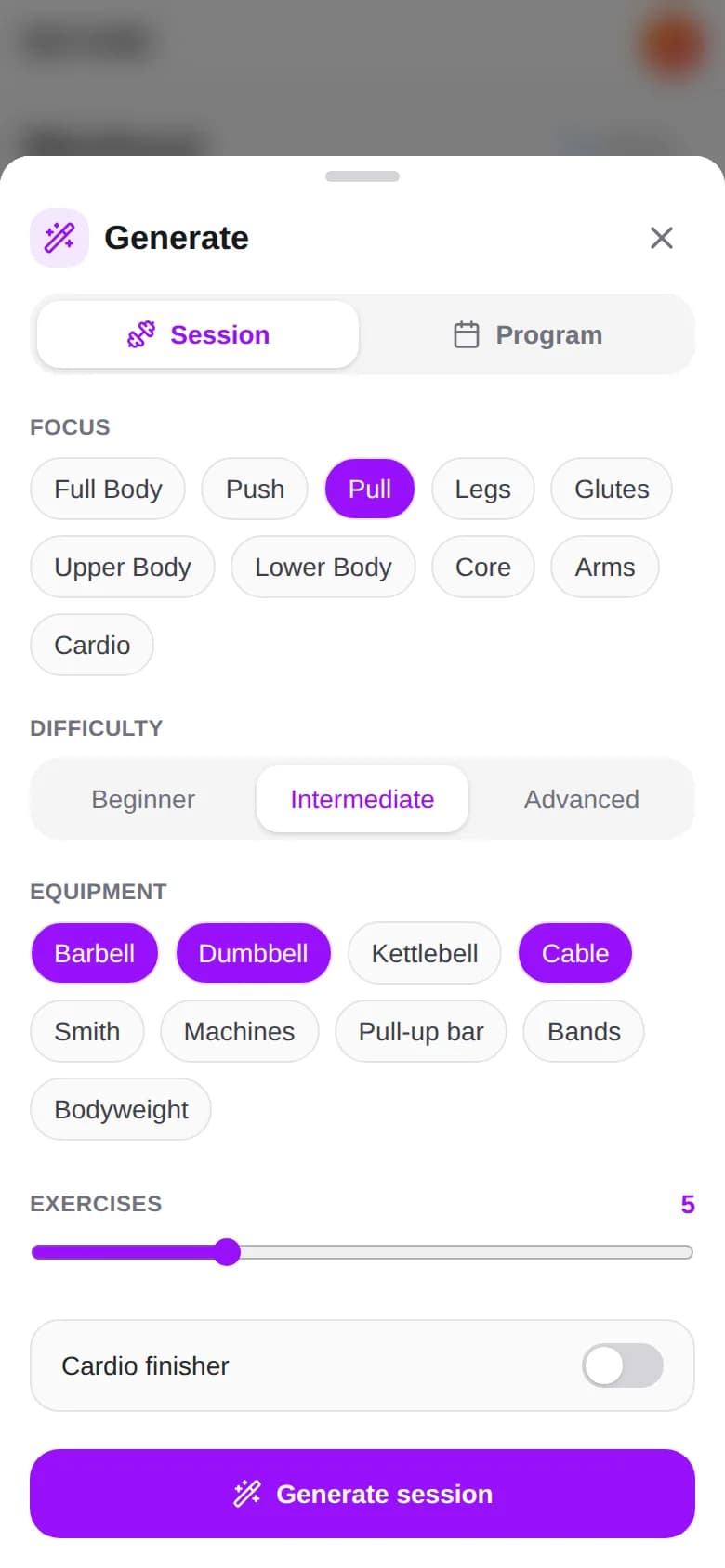 Generating a pull session filtered by difficulty and available equipment