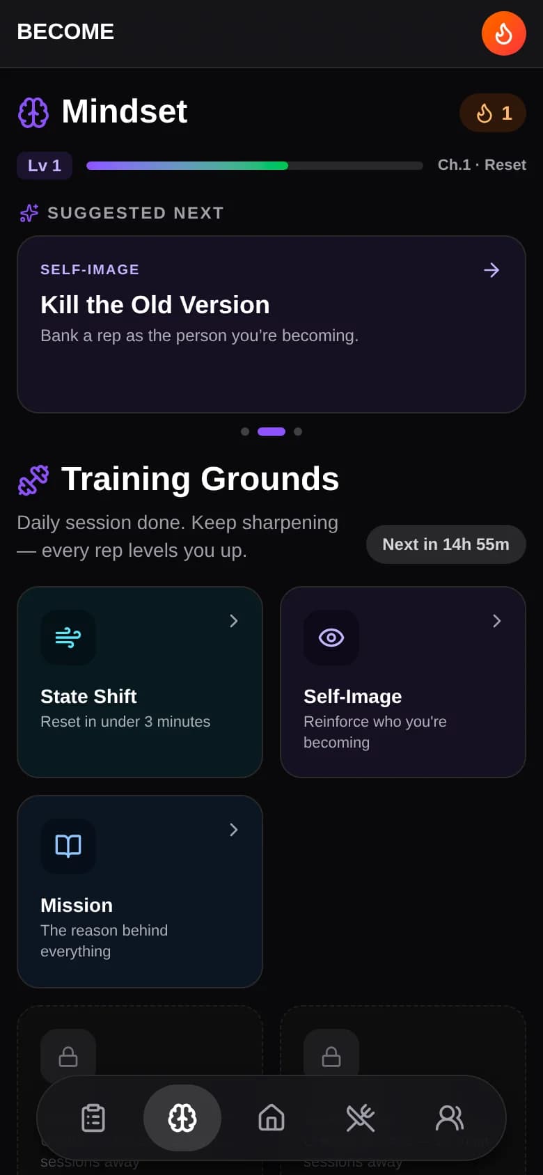 Become Mindset hub with a suggested session and unlocked training grounds