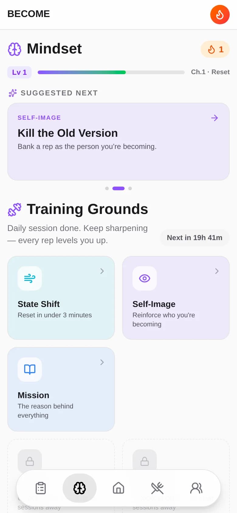 Become Mindset hub with a suggested session and unlocked training grounds