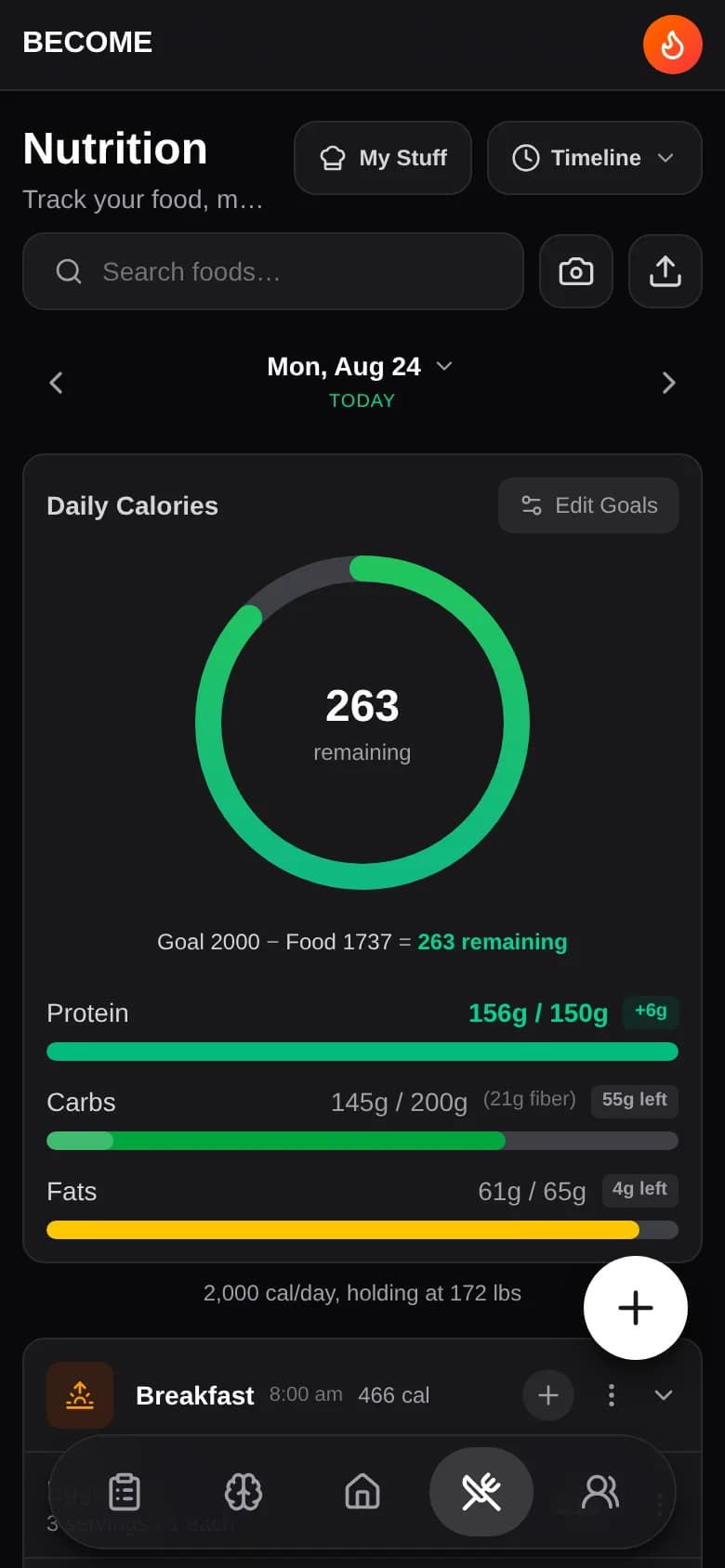 Daily calorie ring with protein, carb, and fat targets in Become