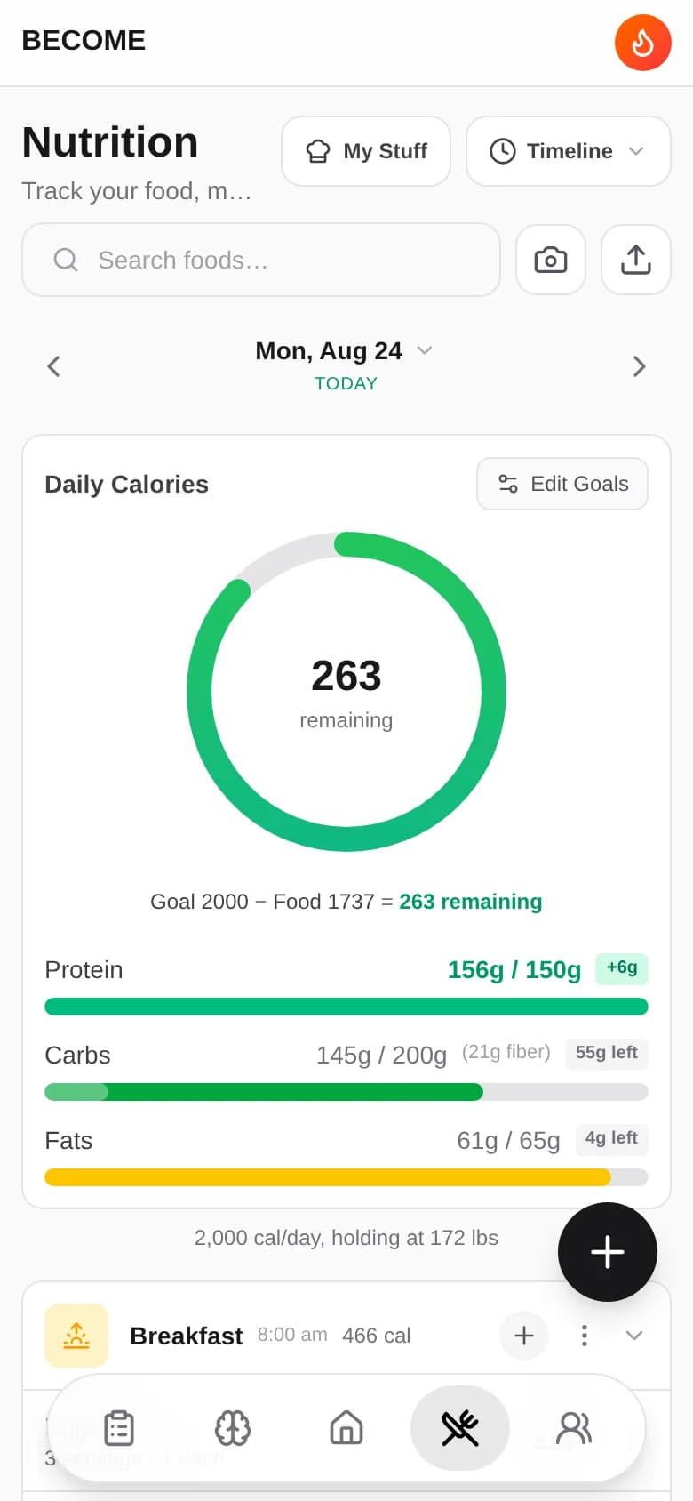 Daily calorie ring with protein, carb, and fat targets in Become