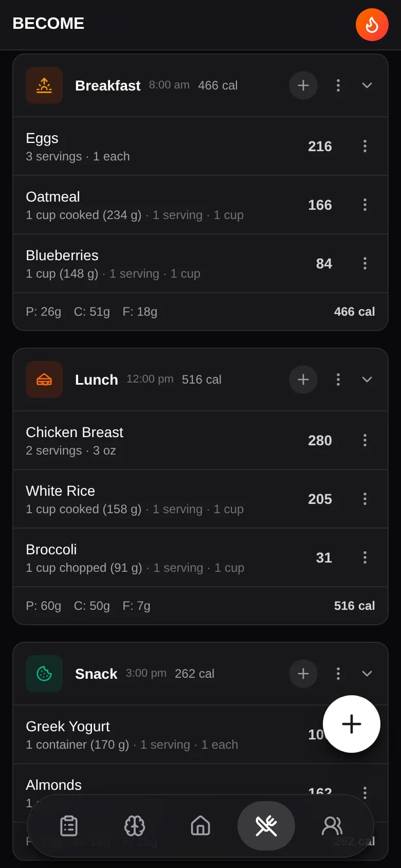 A logged breakfast broken out into eggs, oatmeal, and blueberries with calories per item