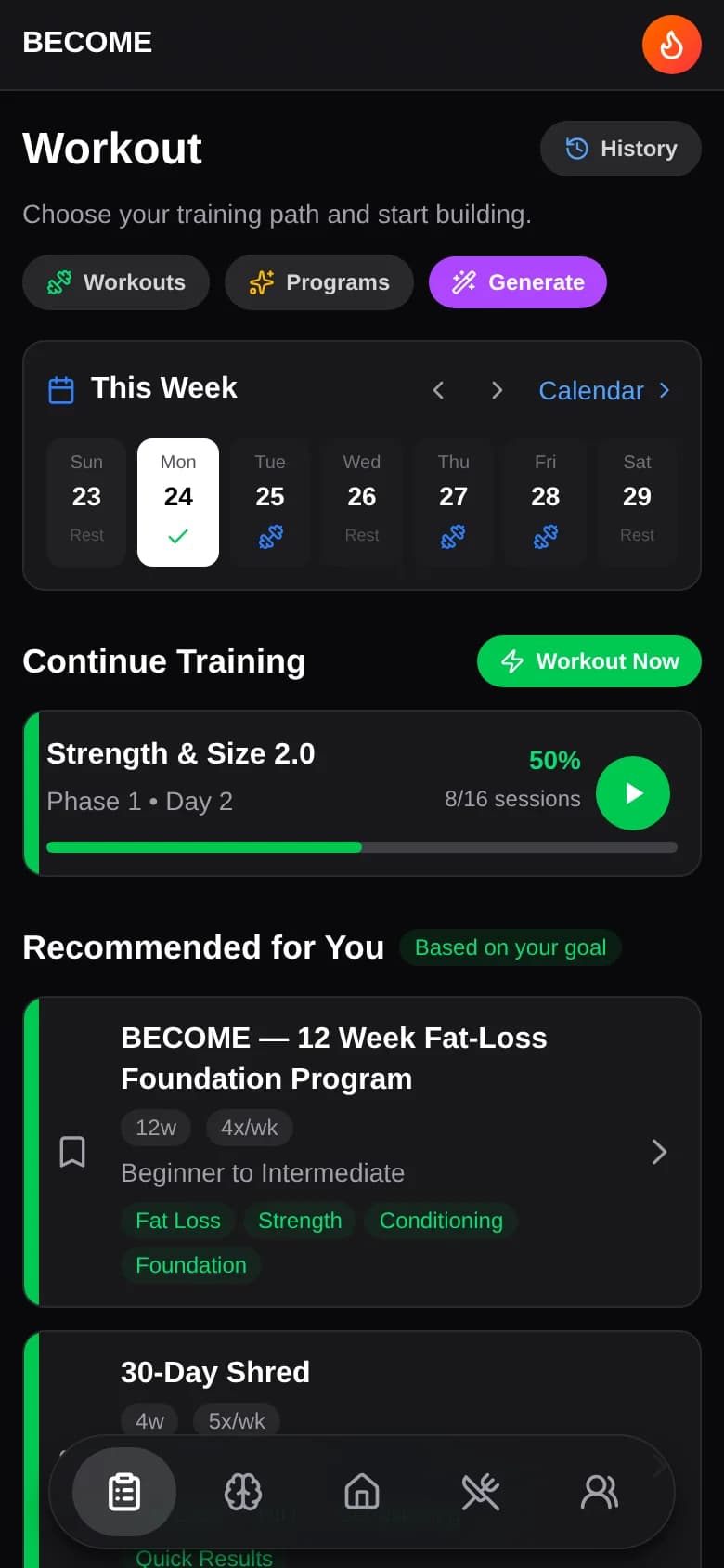 Become training hub showing this week's schedule and a program at 50% complete