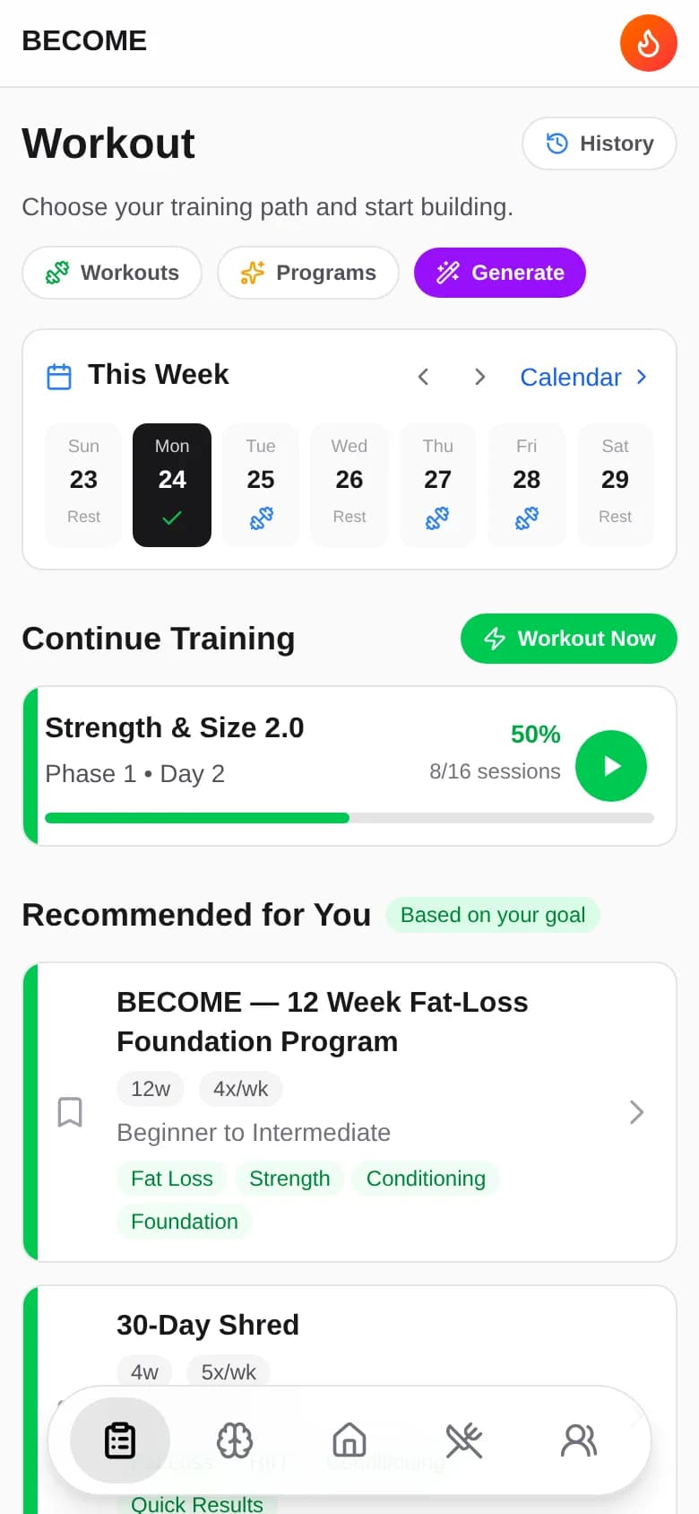 Become training hub showing this week's schedule and a program at 50% complete
